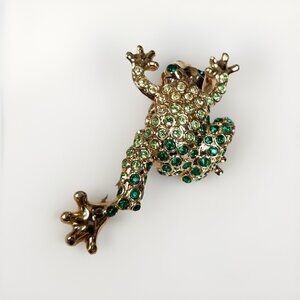Monet Green Gold Frog Brooch Pin w Rhinestones Frog Lovers Jewelry Accessories
